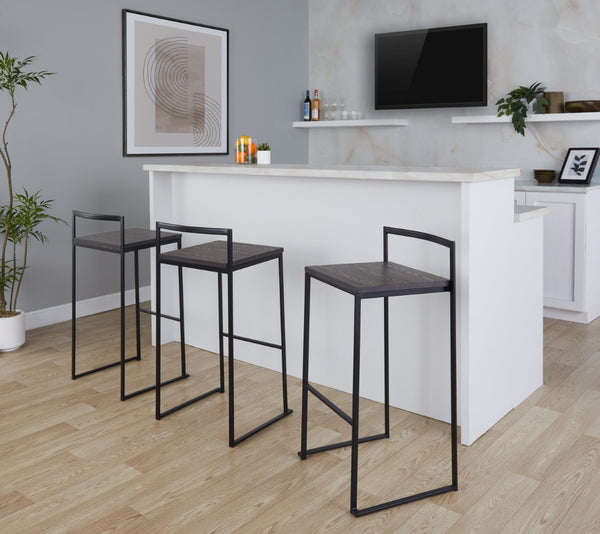 English Elm 30 Inch Stackable Industrial Barstools Bamboo Seat Welded Black Metal Frame Set of 2 B202P290865