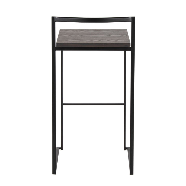 English Elm 30 Inch Stackable Industrial Barstools Bamboo Seat Welded Black Metal Frame Set of 2 B202P290865