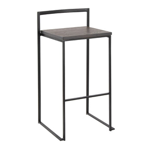 English Elm 30 Inch Stackable Industrial Barstools Bamboo Seat Welded Black Metal Frame Set of 2 B202P290865