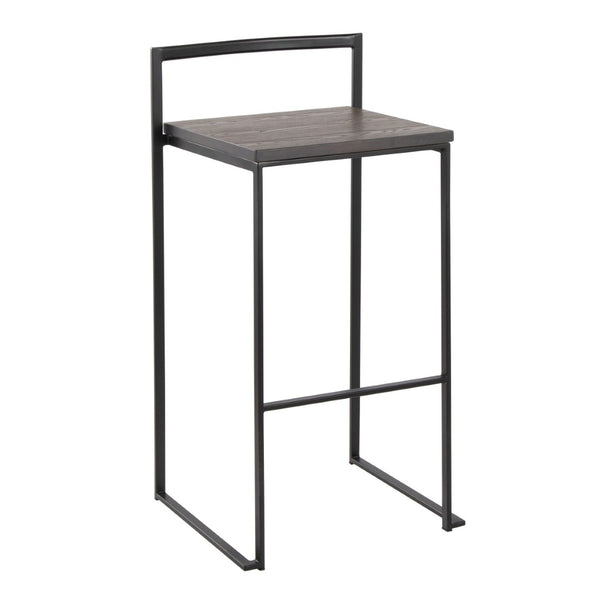 English Elm 30 Inch Stackable Industrial Barstools Bamboo Seat Welded Black Metal Frame Set of 2 B202P290865
