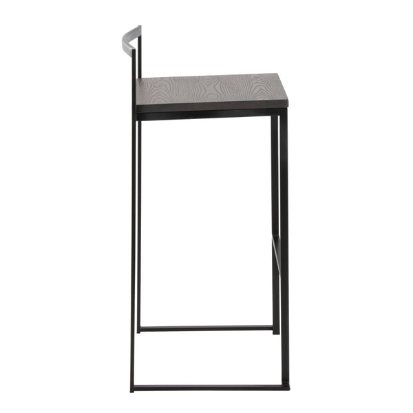 English Elm 30 Inch Stackable Industrial Barstools Bamboo Seat Welded Black Metal Frame Set of 2 B202P290865