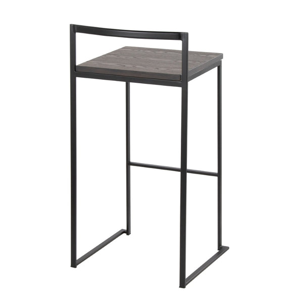 English Elm 30 Inch Stackable Industrial Barstools Bamboo Seat Welded Black Metal Frame Set of 2 B202P290865