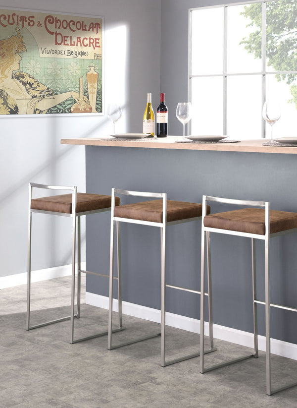 English Elm 30 Inch Stackable Barstools Set of 3 Welded Steel Frame with Padded Upholstered Seats Brown B202P290866