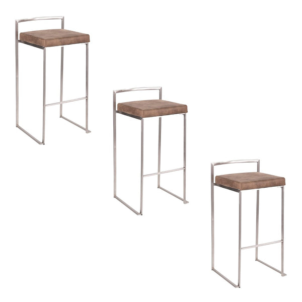 English Elm 30 Inch Stackable Barstools Set of 3 Welded Steel Frame with Padded Upholstered Seats Brown B202P290866