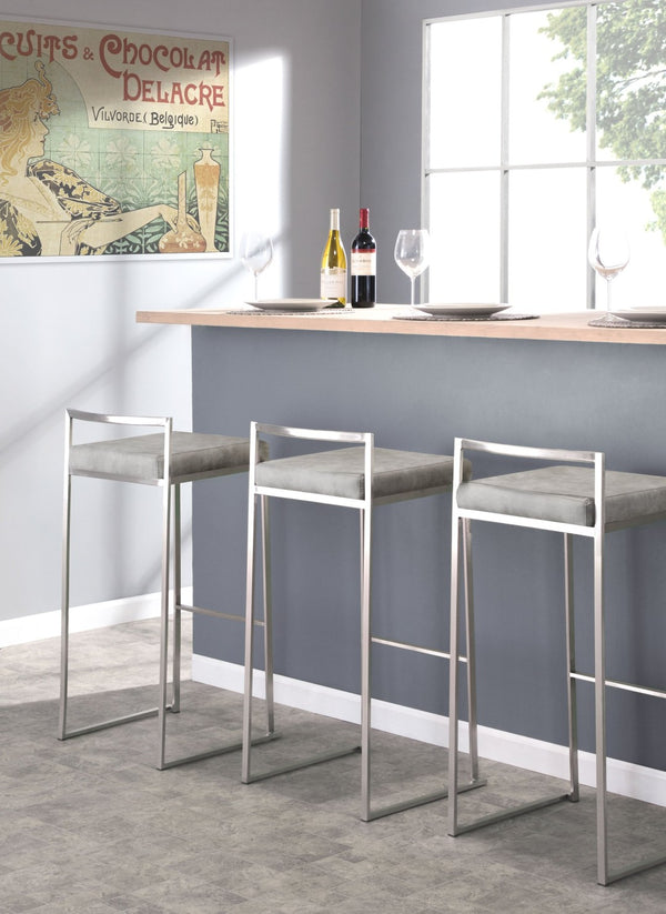 English Elm 30 Inch Stackable Barstools Set of 3 Welded Steel Frame with Padded Upholstered Seats Gray B202P290867