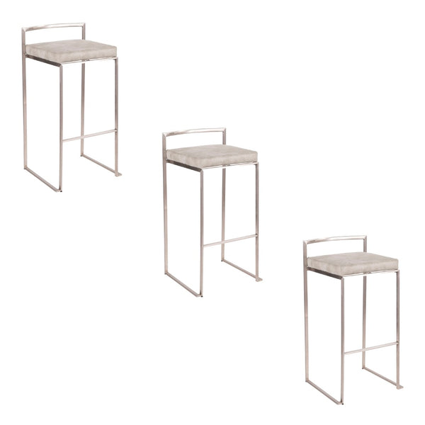 English Elm 30 Inch Stackable Barstools Set of 3 Welded Steel Frame with Padded Upholstered Seats Gray B202P290867