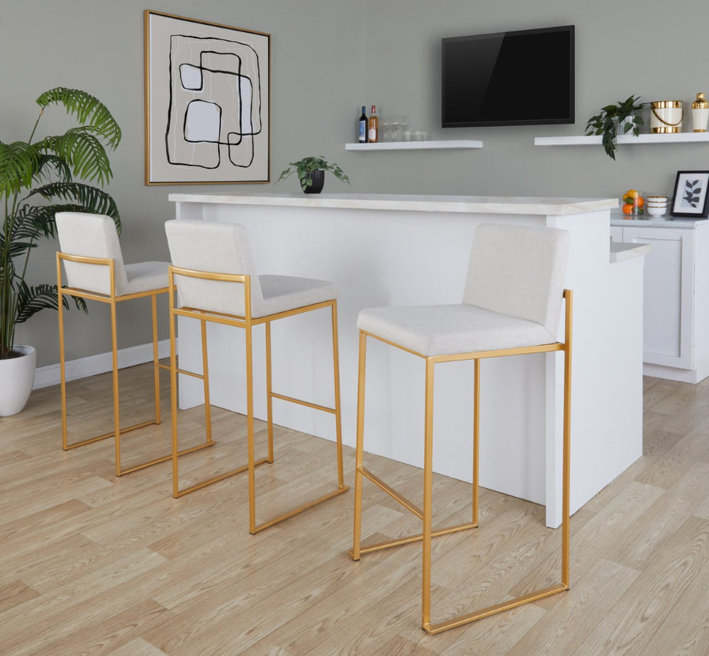 English Elm 30 Inch High Back Barstool Set of 3 with Padded Seat and Metallic Steel Frame Gold Beige B202P290870