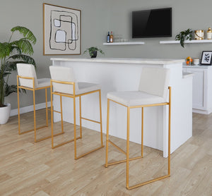 English Elm 30 Inch High Back Barstool Set of 3 with Padded Seat and Metallic Steel Frame Gold Beige B202P290870