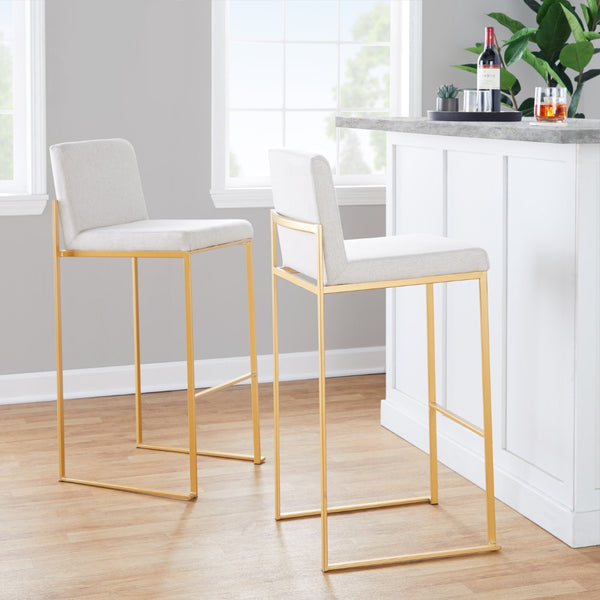 English Elm 30 Inch High Back Barstool Set of 3 with Padded Seat and Metallic Steel Frame Gold Beige B202P290870