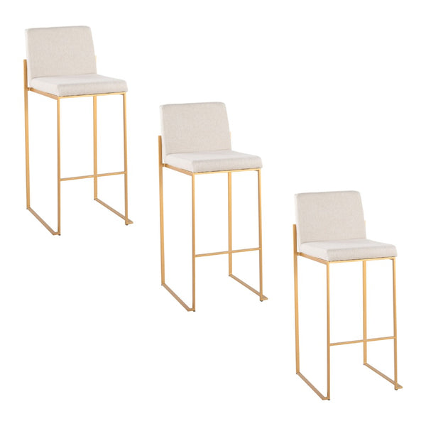 English Elm 30 Inch High Back Barstool Set of 3 with Padded Seat and Metallic Steel Frame Gold Beige B202P290870