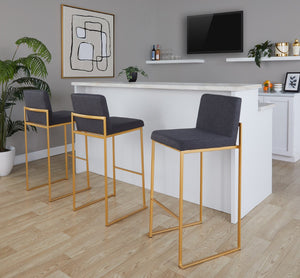 English Elm 30 Inch High Back Barstool Set of 3 with Padded Seat and Metallic Steel Frame Gold Charcoal B202P290871