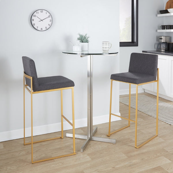 English Elm 30 Inch High Back Barstool Set of 3 with Padded Seat and Metallic Steel Frame Gold Charcoal B202P290871
