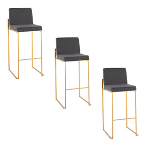 English Elm 30 Inch High Back Barstool Set of 3 with Padded Seat and Metallic Steel Frame Gold Charcoal B202P290871