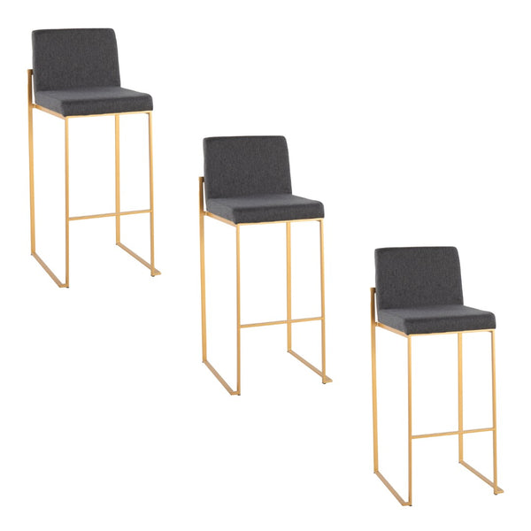 English Elm 30 Inch High Back Barstool Set of 3 with Padded Seat and Metallic Steel Frame Gold Charcoal B202P290871