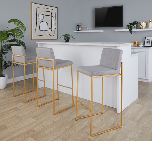 English Elm 30 Inch High Back Barstool Set of 3 with Padded Seat and Metallic Steel Frame Gold Gray B202P290872