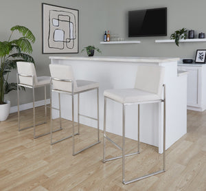 English Elm 30 Inch High Back Barstool Set of 3 with Padded Seat and Metallic Steel Frame Stainless Beige B202P290874