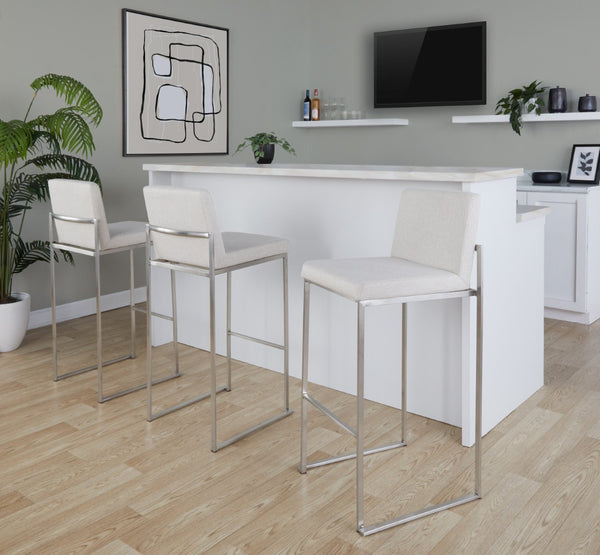 English Elm 30 Inch High Back Barstool Set of 3 with Padded Seat and Metallic Steel Frame Stainless Beige B202P290874
