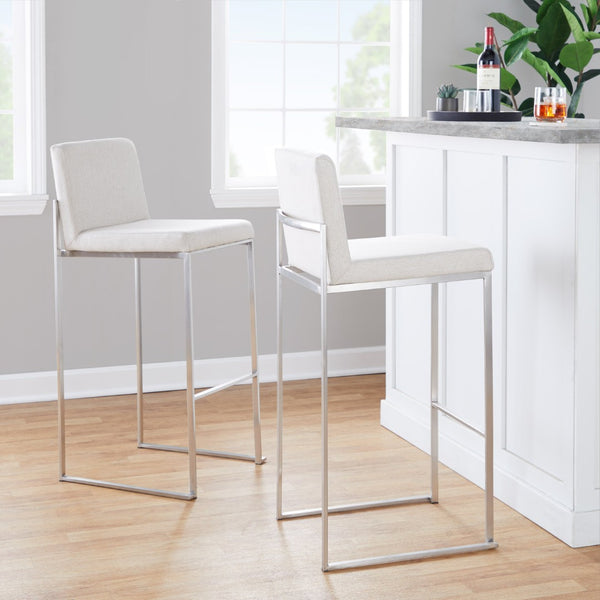 English Elm 30 Inch High Back Barstool Set of 3 with Padded Seat and Metallic Steel Frame Stainless Beige B202P290874