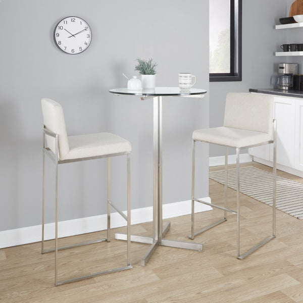 English Elm 30 Inch High Back Barstool Set of 3 with Padded Seat and Metallic Steel Frame Stainless Beige B202P290874