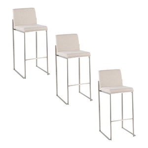 English Elm 30 Inch High Back Barstool Set of 3 with Padded Seat and Metallic Steel Frame Stainless Beige B202P290874