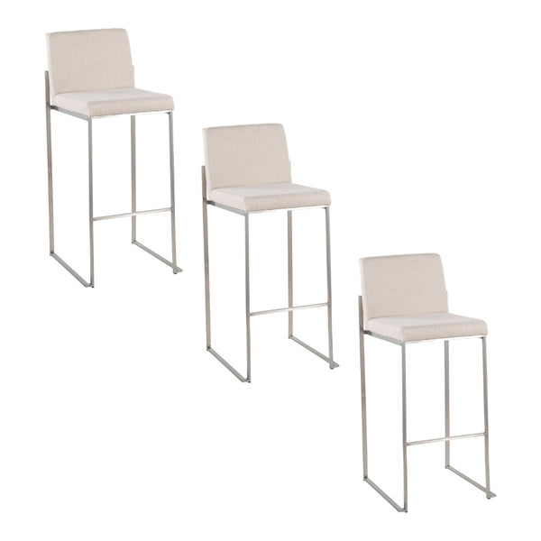 English Elm 30 Inch High Back Barstool Set of 3 with Padded Seat and Metallic Steel Frame Stainless Beige B202P290874