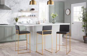 English Elm 30 Inch High Back Barstools Set of 3 Gold Frame Grey Faux Leather Kitchen Island Seating Gold Steel B202P290875