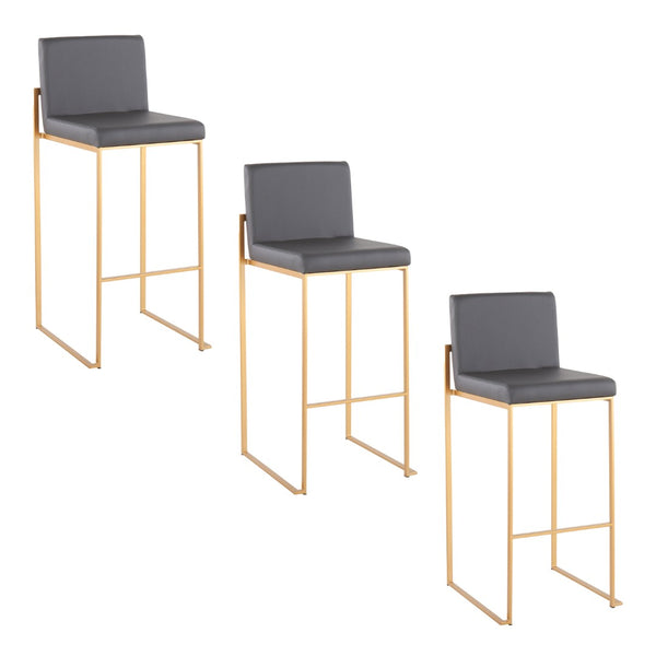 English Elm 30 Inch High Back Barstools Set of 3 Gold Frame Grey Faux Leather Kitchen Island Seating Gold Steel B202P290875
