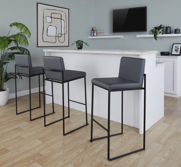 English Elm 30 Inch High Back Barstools Set of 3 Gold Frame Grey Faux Leather Kitchen Island Seating Black Steel B202P290876
