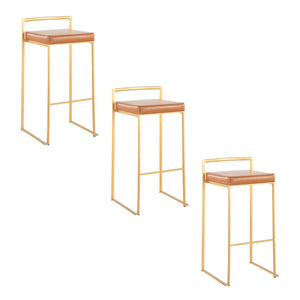 English Elm 30 Inch Glam Stackable Barstools Set of 3 Faux Leather Padded Seats Bar Counter Camel Gold Metal B202P290878