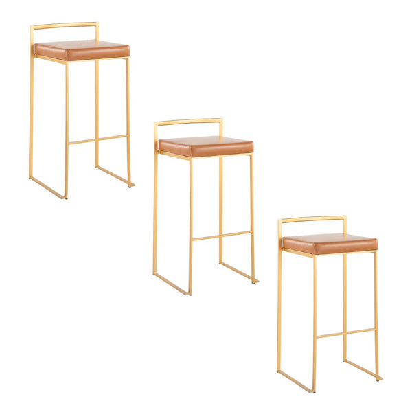 English Elm 30 Inch Glam Stackable Barstools Set of 3 Faux Leather Padded Seats Bar Counter Camel Gold Metal B202P290878