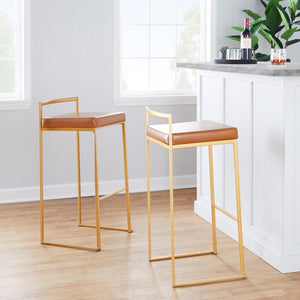 English Elm 30 Inch Glam Stackable Barstools Set of 3 Faux Leather Padded Seats Bar Counter Camel Gold Metal B202P290878