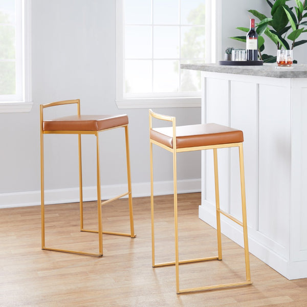 English Elm 30 Inch Glam Stackable Barstools Set of 3 Faux Leather Padded Seats Bar Counter Camel Gold Metal B202P290878