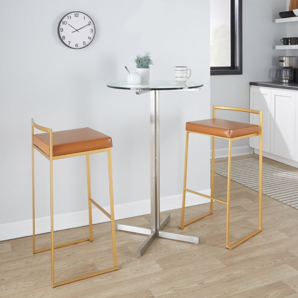 English Elm 30 Inch Glam Stackable Barstools Set of 3 Faux Leather Padded Seats Bar Counter Camel Gold Metal B202P290878