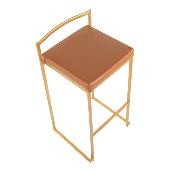 English Elm 30 Inch Glam Stackable Barstools Set of 3 Faux Leather Padded Seats Bar Counter Camel Gold Metal B202P290878