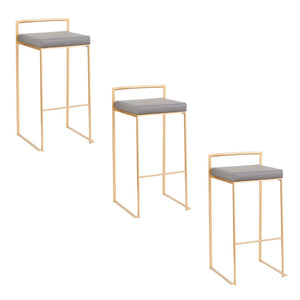 English Elm 30 Inch Glam Stackable Barstools Set of 3 Faux Leather Padded Seats Bar Counter Gray Stainless Steel B202P290879