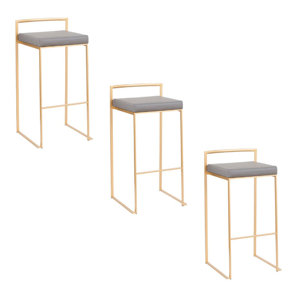 English Elm 30 Inch Glam Stackable Barstools Set of 3 Faux Leather Padded Seats Bar Counter Gray Stainless Steel B202P290879