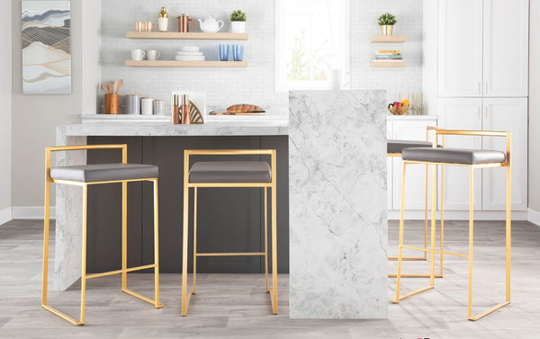 English Elm 30 Inch Glam Stackable Barstools Set of 3 Faux Leather Padded Seats Bar Counter Gray Stainless Steel B202P290879
