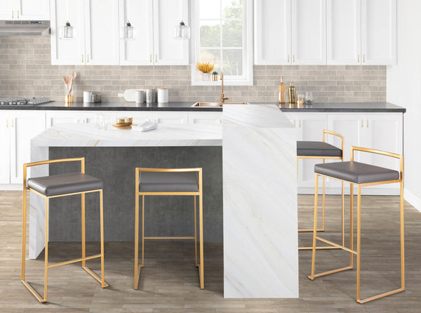 English Elm 30 Inch Glam Stackable Barstools Set of 3 Faux Leather Padded Seats Bar Counter Gray Stainless Steel B202P290879