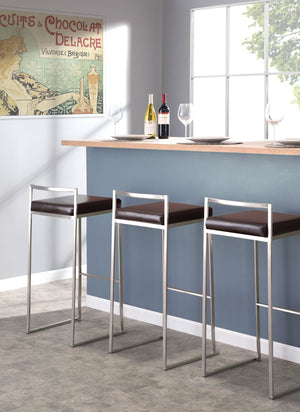 English Elm 30 Inch Glam Stackable Barstools Set of 3 Faux Leather Padded Seats Bar Counter Brown Stainless Steel B202P290880
