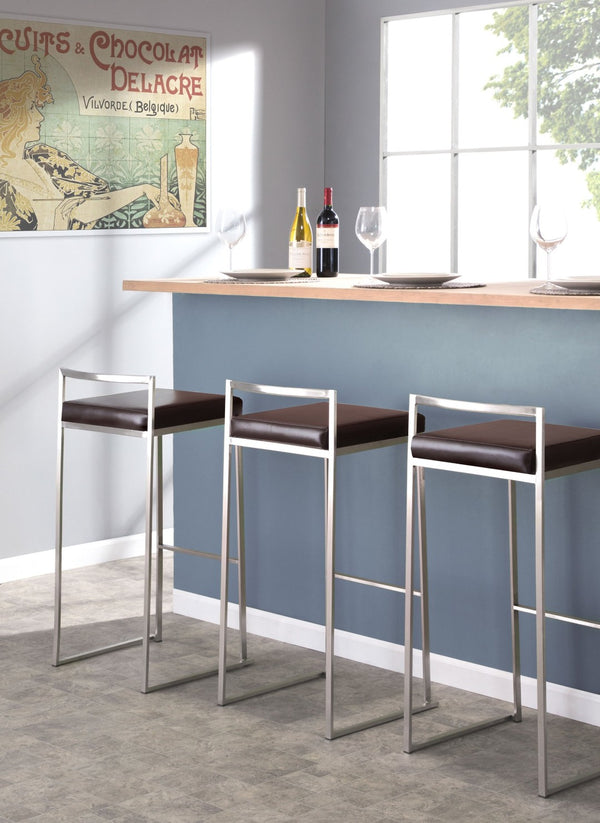 English Elm 30 Inch Glam Stackable Barstools Set of 3 Faux Leather Padded Seats Bar Counter Brown Stainless Steel B202P290880