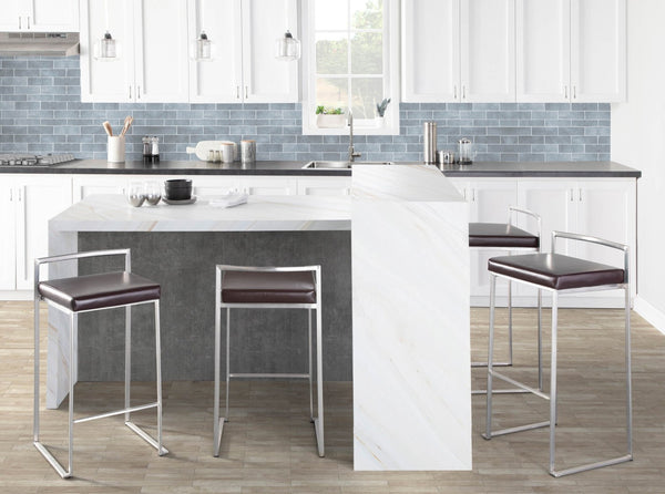 English Elm 30 Inch Glam Stackable Barstools Set of 3 Faux Leather Padded Seats Bar Counter Brown Stainless Steel B202P290880
