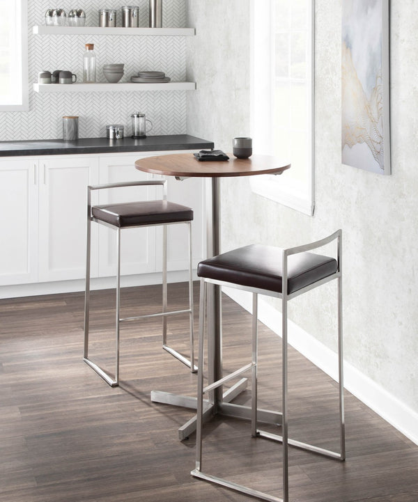 English Elm 30 Inch Glam Stackable Barstools Set of 3 Faux Leather Padded Seats Bar Counter Brown Stainless Steel B202P290880