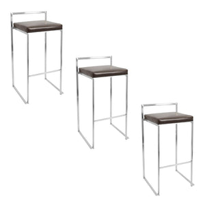 English Elm 30 Inch Glam Stackable Barstools Set of 3 Faux Leather Padded Seats Bar Counter Brown Stainless Steel B202P290880