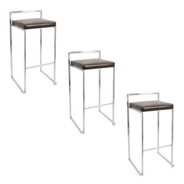English Elm 30 Inch Glam Stackable Barstools Set of 3 Faux Leather Padded Seats Bar Counter Brown Stainless Steel B202P290880