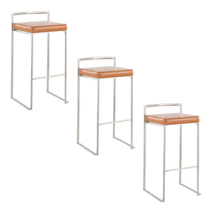 English Elm 30 Inch Glam Stackable Barstools Set of 3 Faux Leather Padded Seats Bar Counter Camel Stainless Steel B202P290881