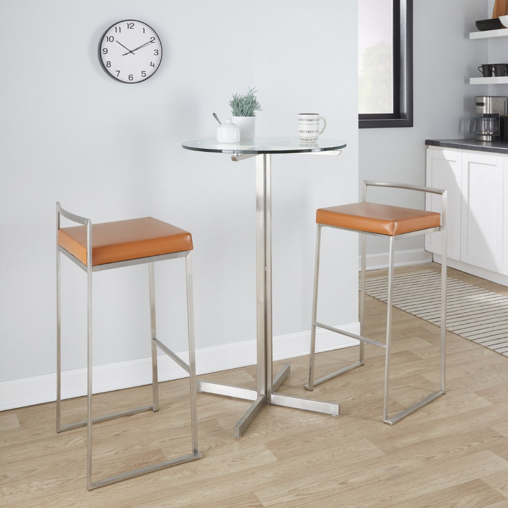 English Elm 30 Inch Glam Stackable Barstools Set of 3 Faux Leather Padded Seats Bar Counter Camel Stainless Steel B202P290881