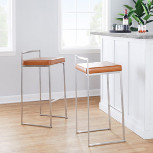 English Elm 30 Inch Glam Stackable Barstools Set of 3 Faux Leather Padded Seats Bar Counter Camel Stainless Steel B202P290881