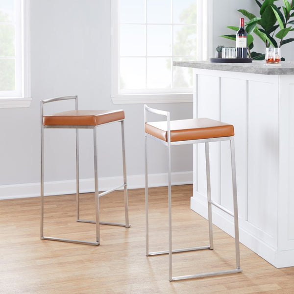 English Elm 30 Inch Glam Stackable Barstools Set of 3 Faux Leather Padded Seats Bar Counter Camel Stainless Steel B202P290881