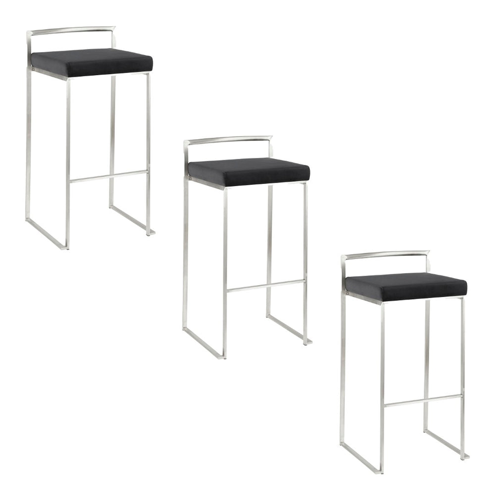 English Elm 30 Inch Stackable Barstools Set of 3 Welded Steel Frame with Padded Upholstered Seats Black B202P290888