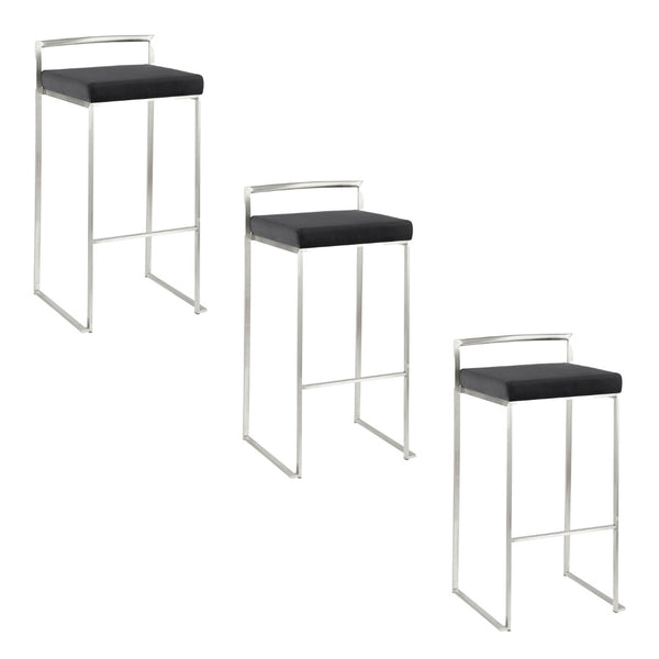 English Elm 30 Inch Stackable Barstools Set of 3 Welded Steel Frame with Padded Upholstered Seats Black B202P290888